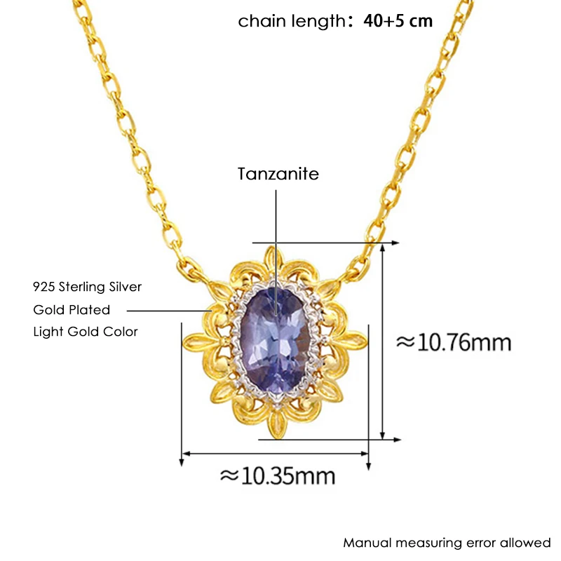 LAMOON Hollowed Lace Natrual Tanzanite Pendant Necklace For Women Vintage Aesthetic 925 Sterling Silver Gold Plated Fine Jewelry