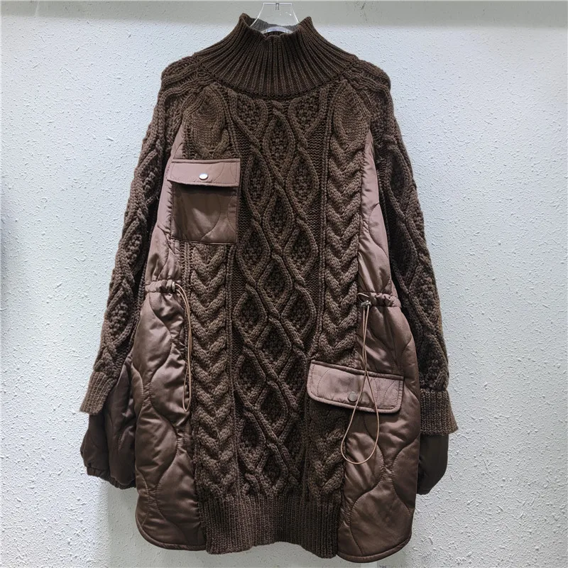 Women Turtleneck Twist Knit Spliced Sweater Autumn Winter Thickened Loose Cotton Padded Patchwork Pullover Knitwear Jumpers Tops