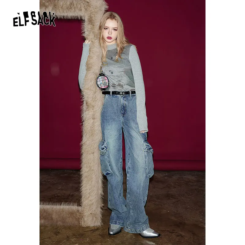 

ELFSACK Solid Color Cargo Loose Denim Pants Women 2024 Spring High Waist Casual Daily Trousers