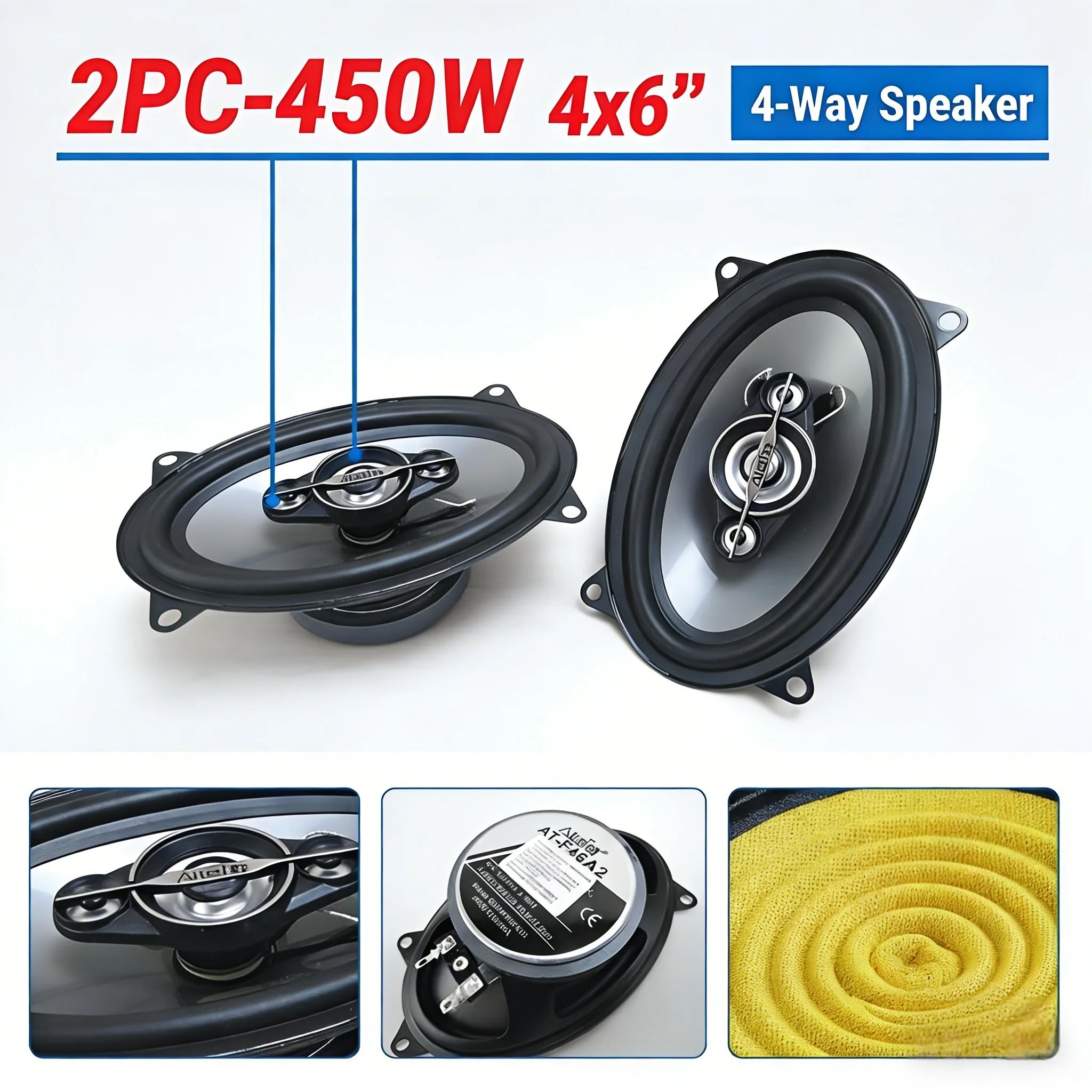 4 Inch 6 Inch 4-Way Car Coaxial Speakers 450W Peak Power 12V Full-Range Stereo Audio System 2-Pack Oval Auto Sound Speakers