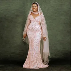 Luxury Beaded Pink African Bridal Dress Shiny Lace Asoebi Wedding Gown Plus Size Africa Women Formal Party Dresses Prom Gowns