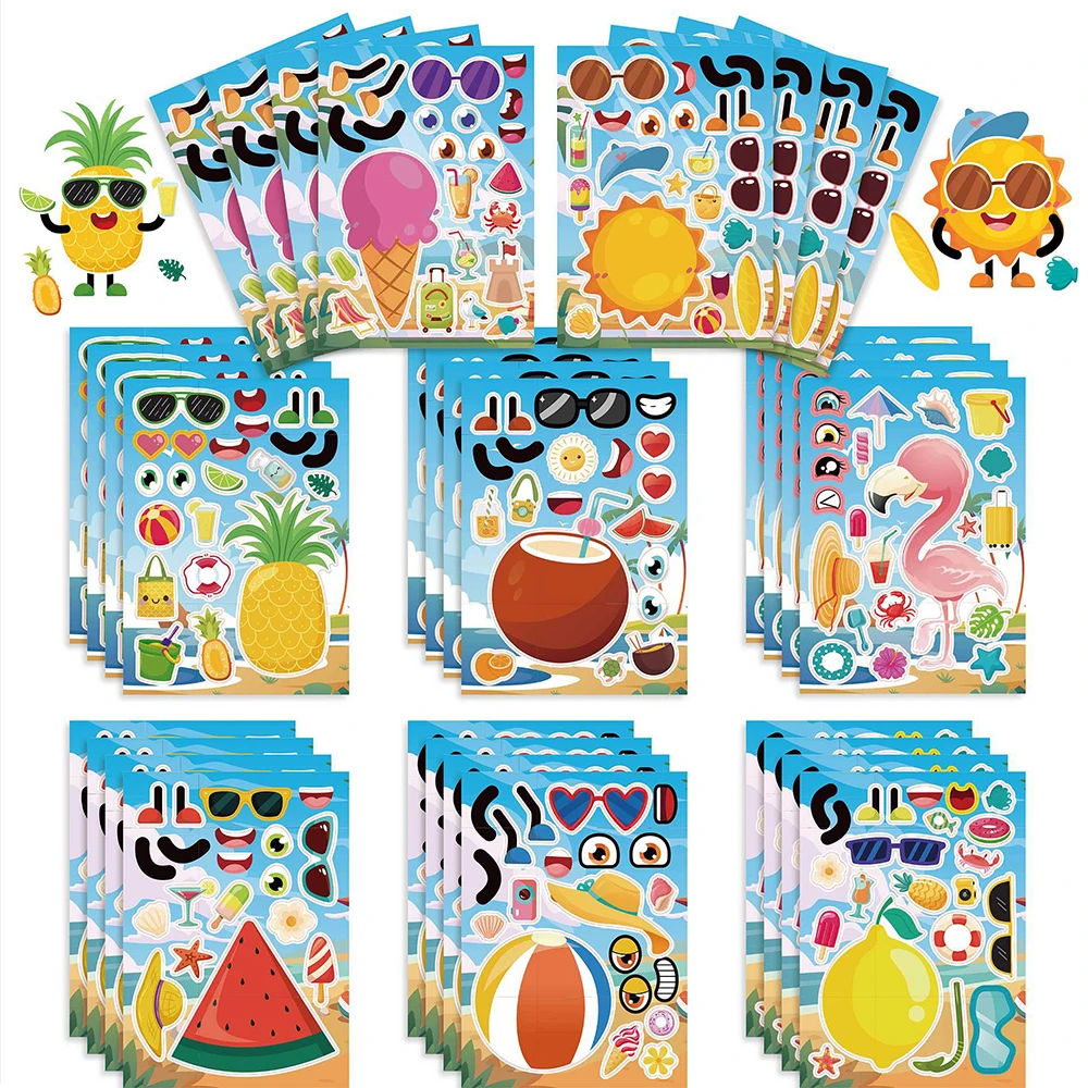 8/16Sheets Hawaii Make a Face Puzzle Sticker Summer Beach Create Your Own Pineapple Flamingos Kid Assemble Jigsaw For Boys Girls