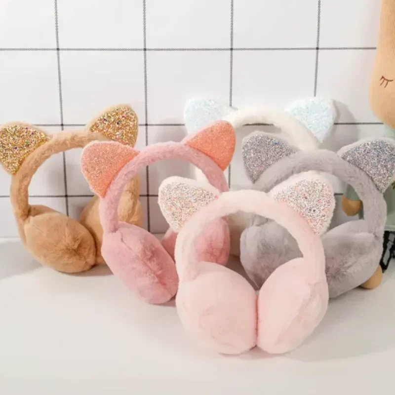 1 pçs inverno quente gato orelha aquecedores glitter orelhas de pelúcia earmuffs para mulheres brincalhão meninas orelha muffs proteção fria quente quente