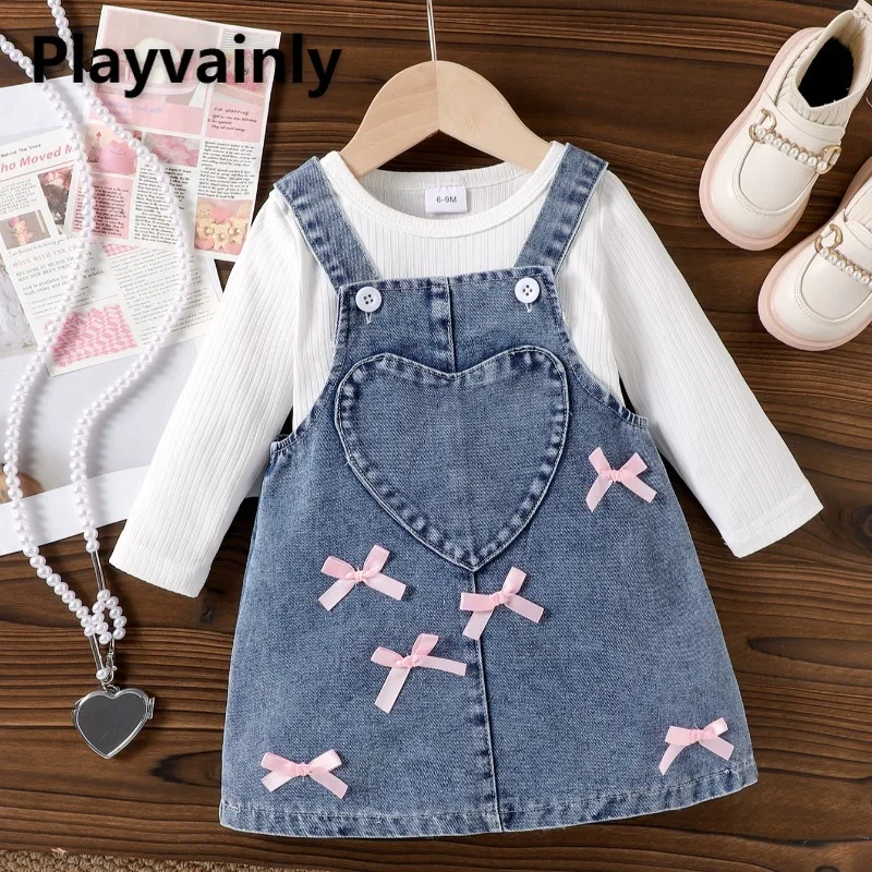 

New Spring Autumn Girls Long Sleeve Pit Stripe Round Neck Top+ Cute Bow Blue Denim Suspender Skirt Fashion Baby Clothes D9226