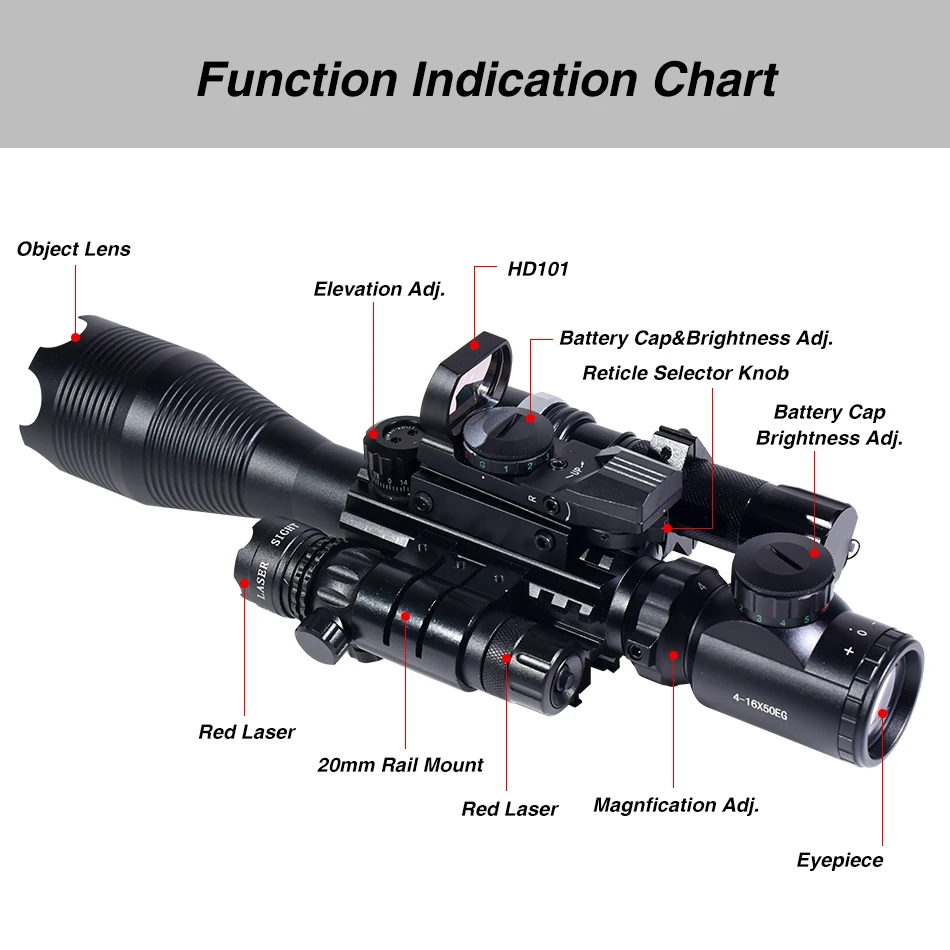 Tactical 4-16X50EG Optics Adjustable Red/Green Crossbow Reticle Illuminated Scopes Outdoor Long Range Combo Fits 20mm Rail Mount