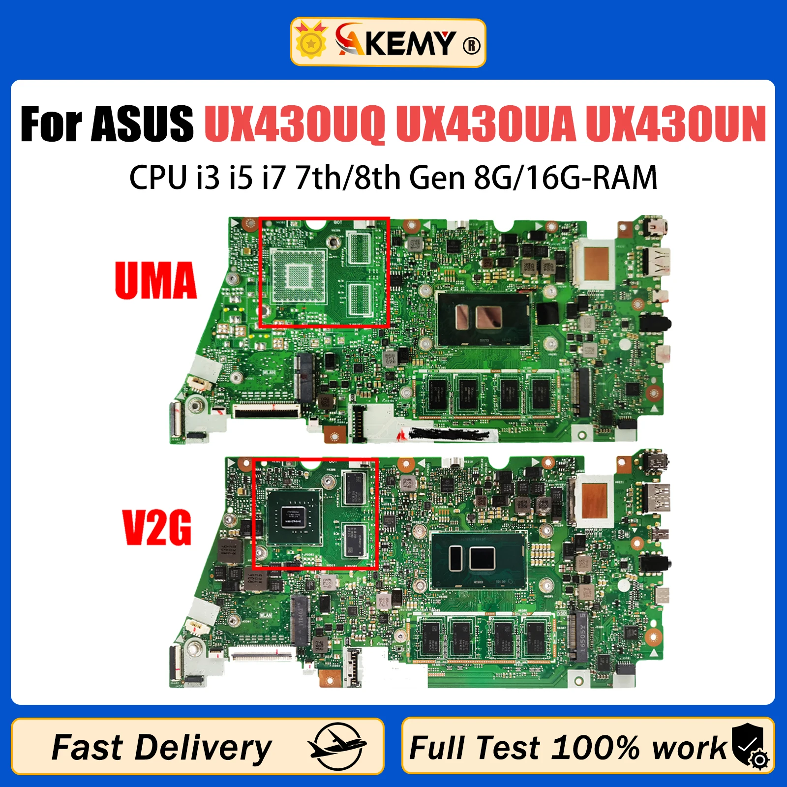 AKEMY UX430UQ For ASUS ZENBOOK 14 UX430UA UX430UN UX430UNR UX430UQK Laotop Mainboard CPU i3 i5 i7 7th/8th Gen 8G/16G-RAM