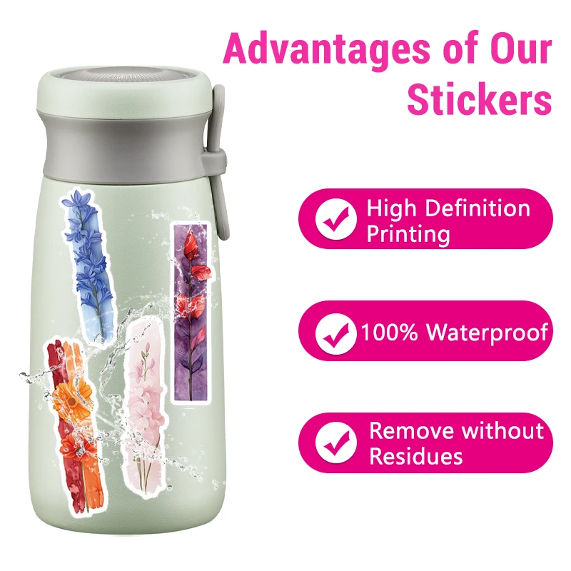 

50PCS Plants Stickers Long Strip Creative Plant Floral Sticker Cute Mixed Plant Waterproof Vinyl Decals for Scrapbook Laptop