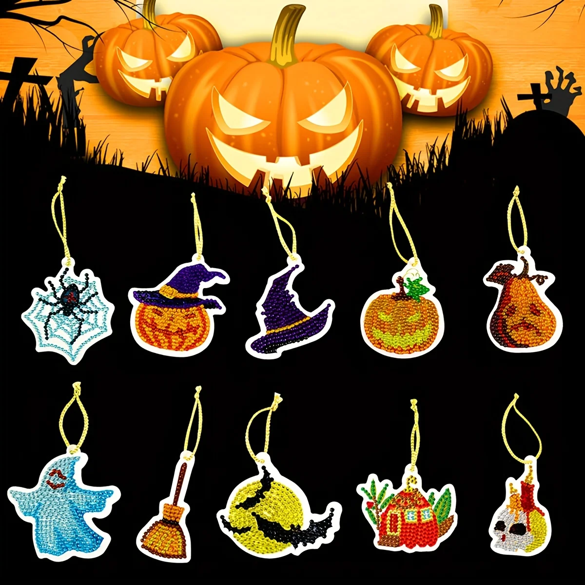 10pcs/set DIY Diamond Painting Halloween Pendant Full Drill Special Shaped Rhinestone Diamond Pumpkin Spider Ghost Mosaic Orname