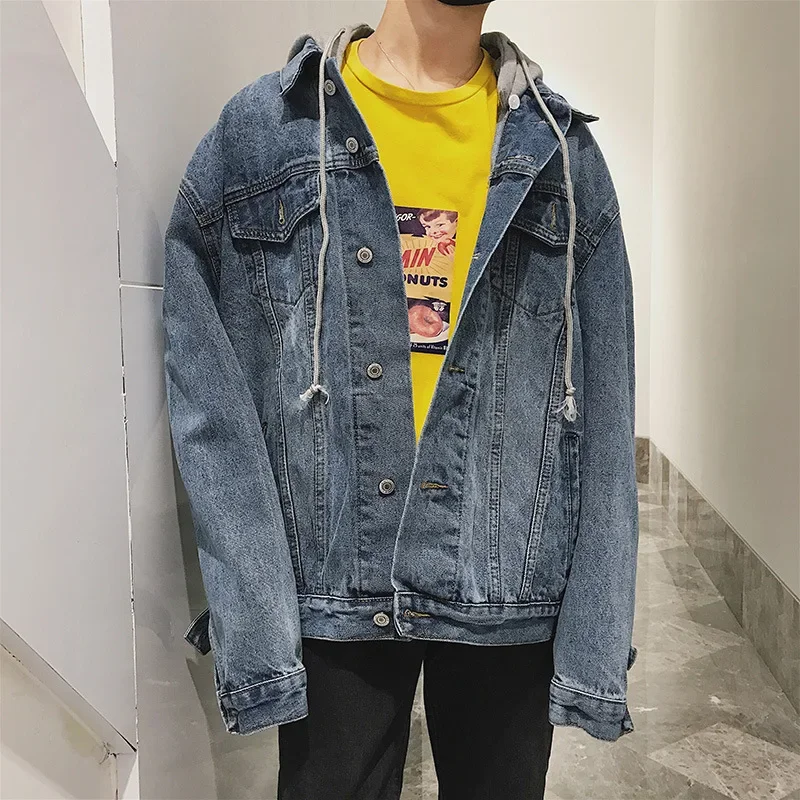 

Men Jackets Denim Hooded Long Sleeve Coat Single Breasted Jacket Cardigan Turn Down Collar Outerwear Male Button High Street