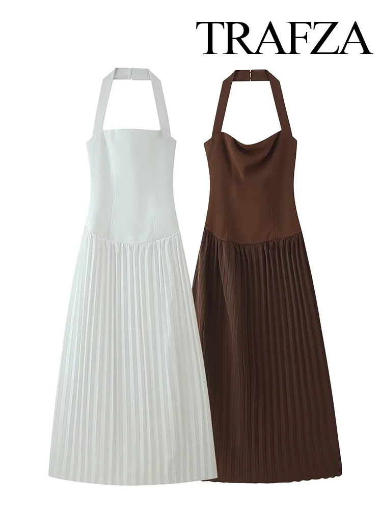 

TRAFZA Women Summer Fashion Solid Halter Neck Pleated Midi Casual Long Dress Female Elegant Sexy Backless Slim Sleeveless Dress