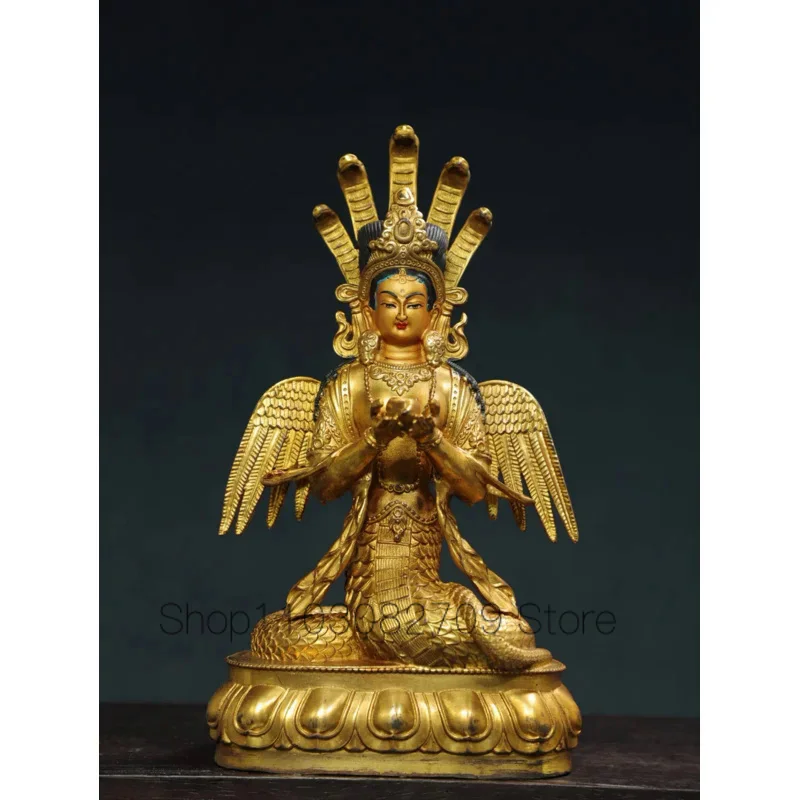 

10"Tibet Temple Collection Old Bronze Gilding Cinnabar Painted Nagarjuna Buddha Five headed snake backlight Worship Hall