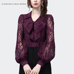 2023 Spring Summer Women Long Lantern Sleeve V-neck Purple Lace Top Hook Flower Hollow Shirts Vintage Casual Ladies Blouses