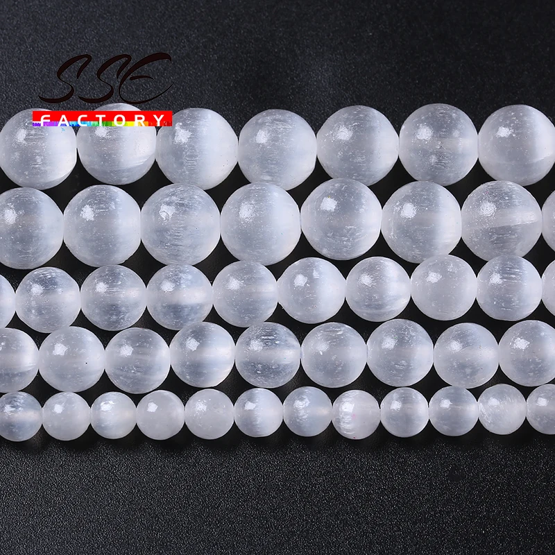 6 8 10mm Real Natural Gypsum Stone Beads For Jewelry Making White Selenite Clear Cat Eye Stone Round Beads DIY Bracelet 15