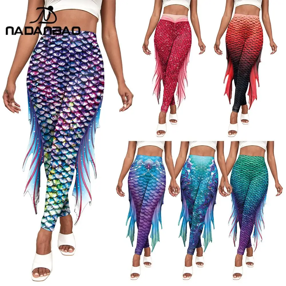 Nadanbao Colorful Mermaid Leggings for Women Fish Scales Print Pants Elastic Yoga Tights Outdoor Holiday Party Beach Trousers