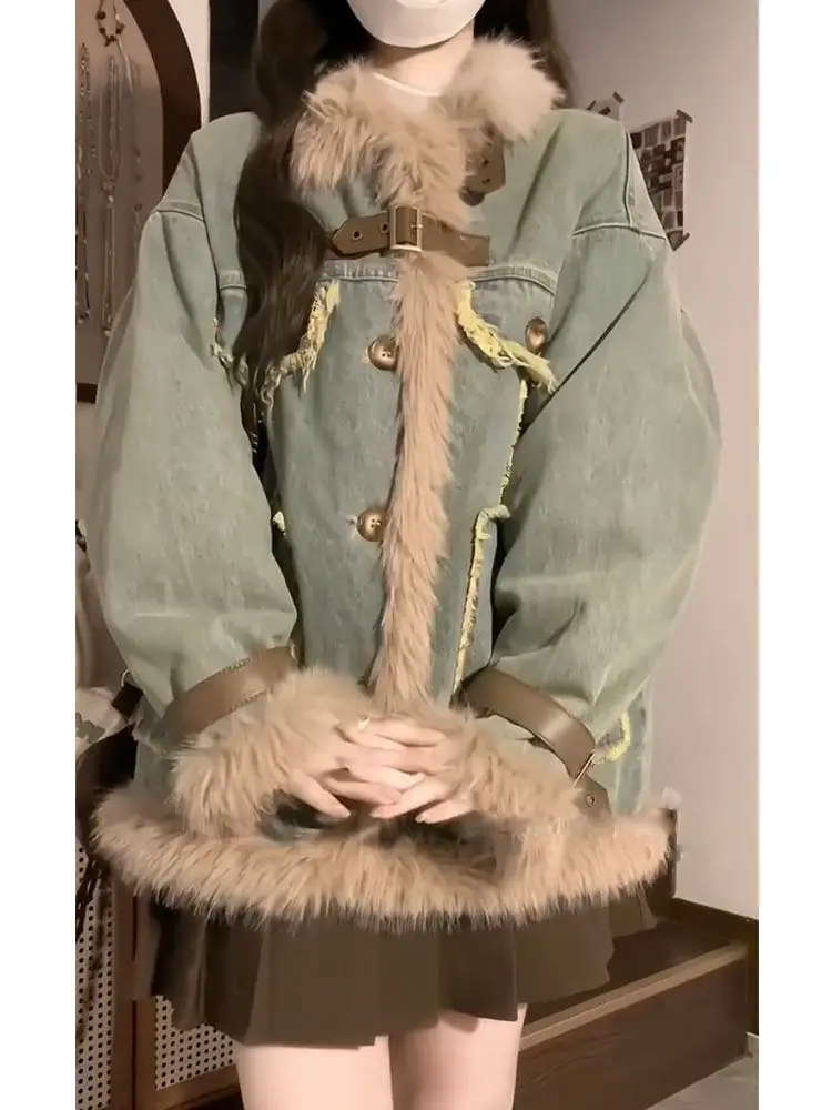 معاطف الدنيم للمرأة طويلة الفراء القطيفة المرأة الشتاء منحوتة الخياطة الحد الأدنى الشارع الشهير الاتجاه الحضرية الاجتماعية المرقعة المفاجئة OL