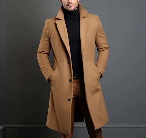 Men's Solid Color British-Style Casual Wool Blend Mid-Length Jacket