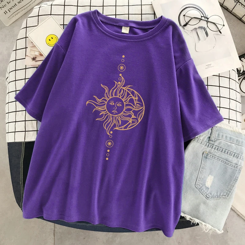 تي شيرت نسائي مطبوع عليه وجه الشمس والقمر ، تي شيرت صيفي رائع ، هيب هوب كبير الحجم بأكمام قصيرة ، موضة قطنية