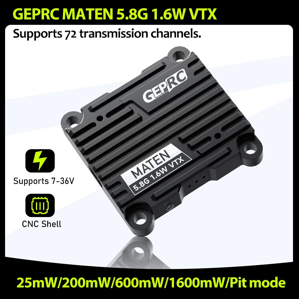 

GEPRC MATEN 5.8G 1.6W VTX 72 Channels 1600mW Transmitter Module IRC Tramp 2-8S Battery Built in Microphone for FPV Long RC Drone