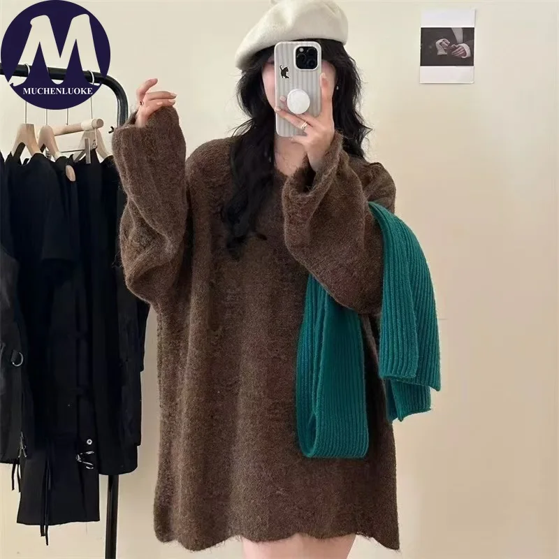 المرأة الخريف الشتاء محبوك سترة طويلة الأكمام س الرقبة كسول نمط عادية فضفاض سميكة الدافئة الكورية سترة الموضة #4