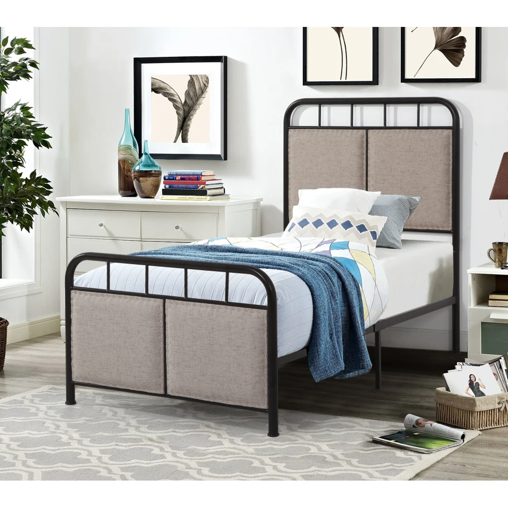 Twin Size Linen Upholstered Platform Metal Bed Frame with  fabric Headboard and Footboard
