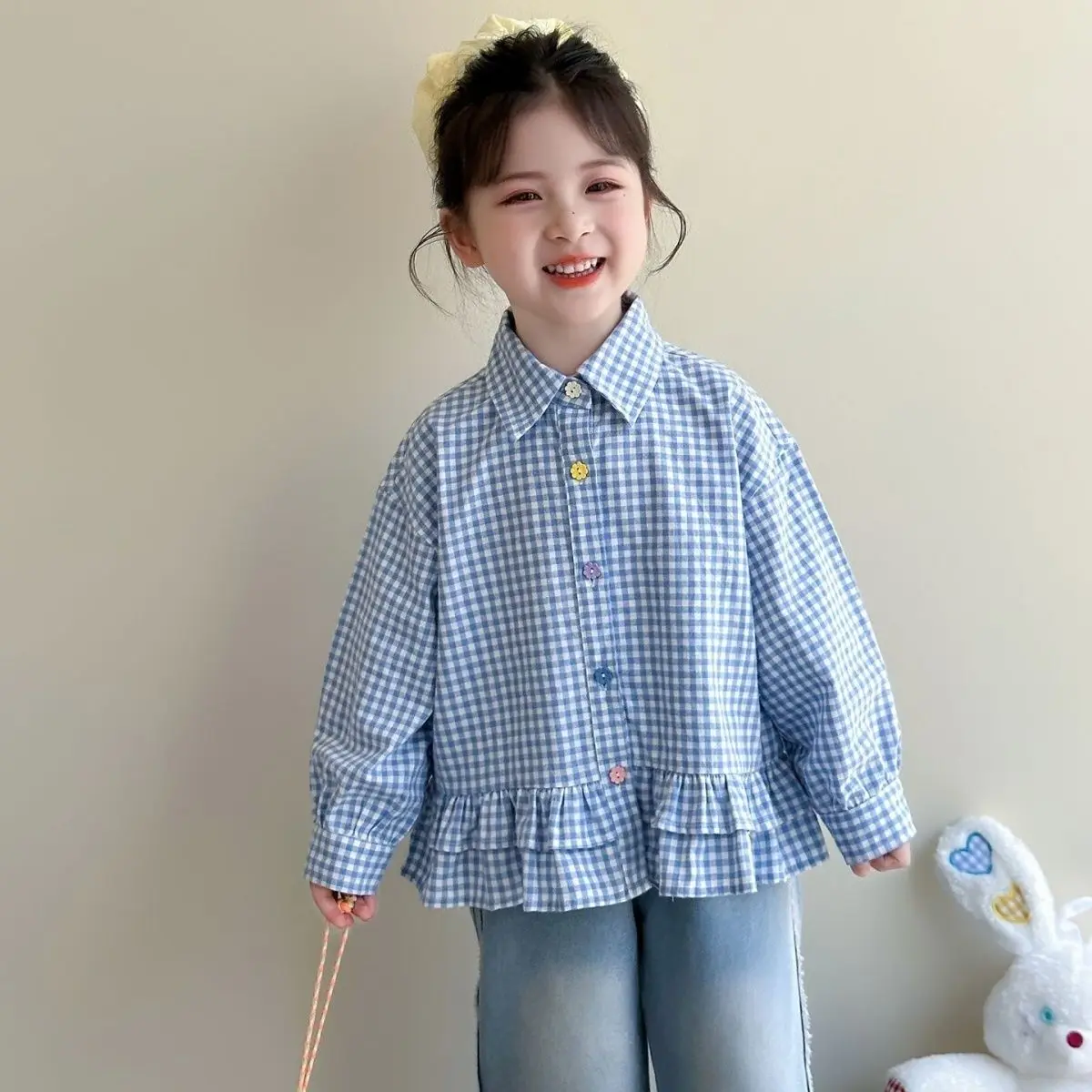 2026 Girls Plaid Shirt Sweet Ruffle Collar Autumn Tops Kids Fashion Children Blouse