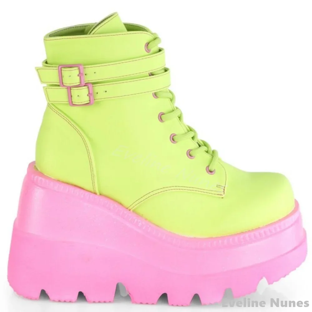 Platform Wedges Mixed Colors Ankle Boots Women Round Toe Cross Tied Belt Buckle Short Boots 2025 New Cosplay Lolita Shoes Boots