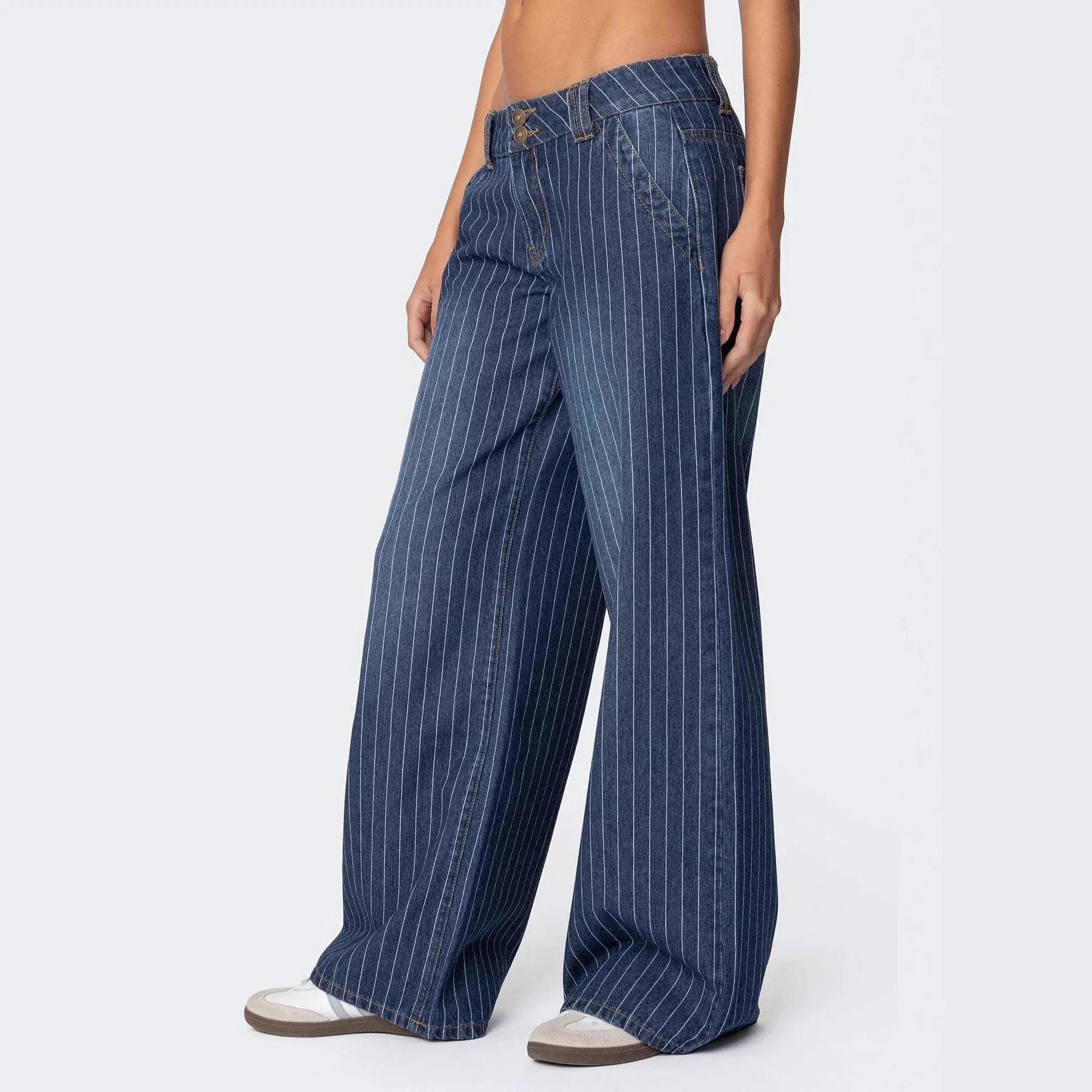 

European American Striped Jeans Women's Office Lady New Elastic Straight Pants Solid Color High Waist Jeans Harajuku Trousers