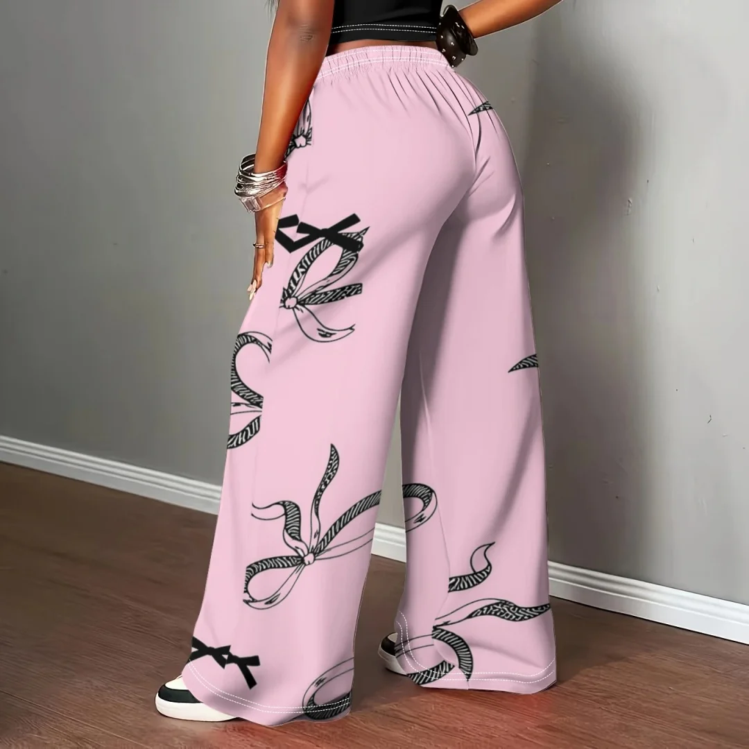 Women's Girls Kids Pink Bow Print Elastic Waist Wide Leg Pants Spring/Autumn Coquette Casual Streetwear Outfit