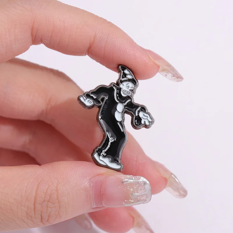  Black White Cartoon Dancing Clown Enamel Pin Brooch Metal Badge Punk Backpack Jacket Decor Gift For Goth Cartoon Lovers view 4