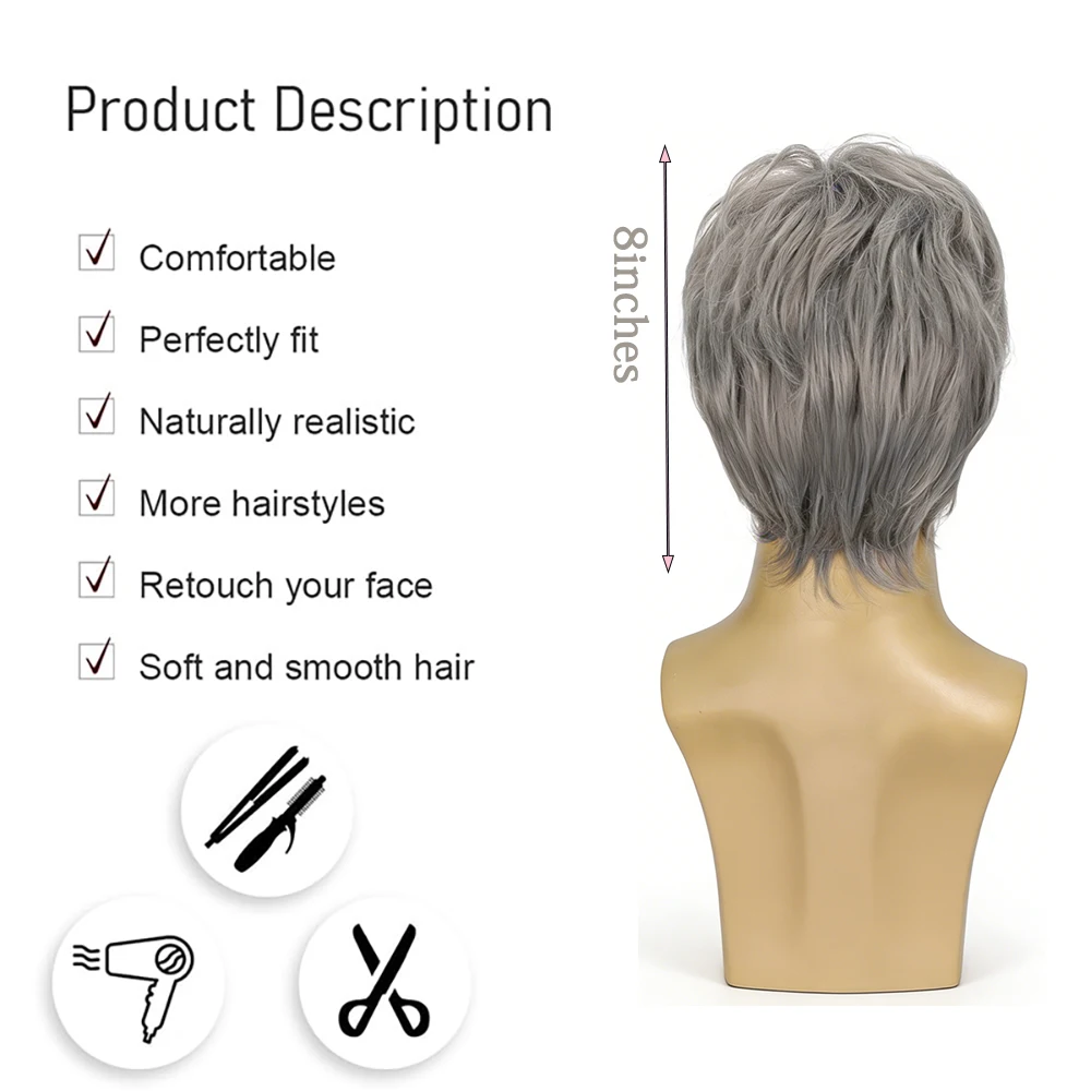 Men's Short Layered Fluffy Wig Ash Gray Natural Looking Heat Resistant Synthetic Hair Full Head Wig For Daily Wear Cosplay Party