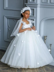 Abiti da ragazza di fiori senza maniche con fiocco bianco per matrimoni eleganti Appliques in Tulle abito da prima comunione per bambini abito da festa formale 2022