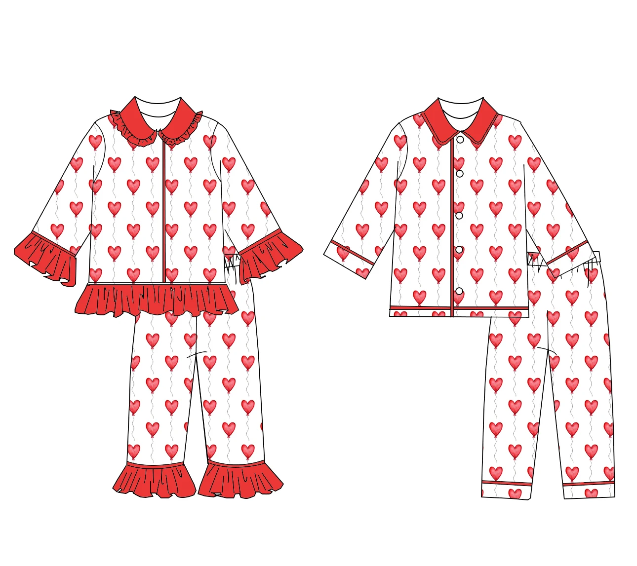 

white and red heart-print Valentine's Day style long-sleeved and long-legged pajama set for boys and girls, wholesale available.