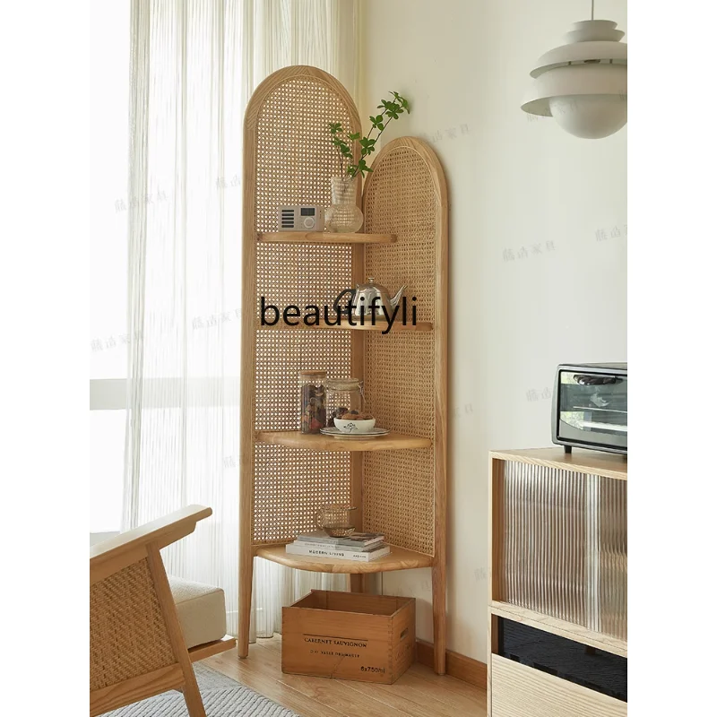 

Solid Wood Rattan Storage Corner Bookshelf Corner Floor Balcony Living Room Bedroom Storage Display Side Cabinet