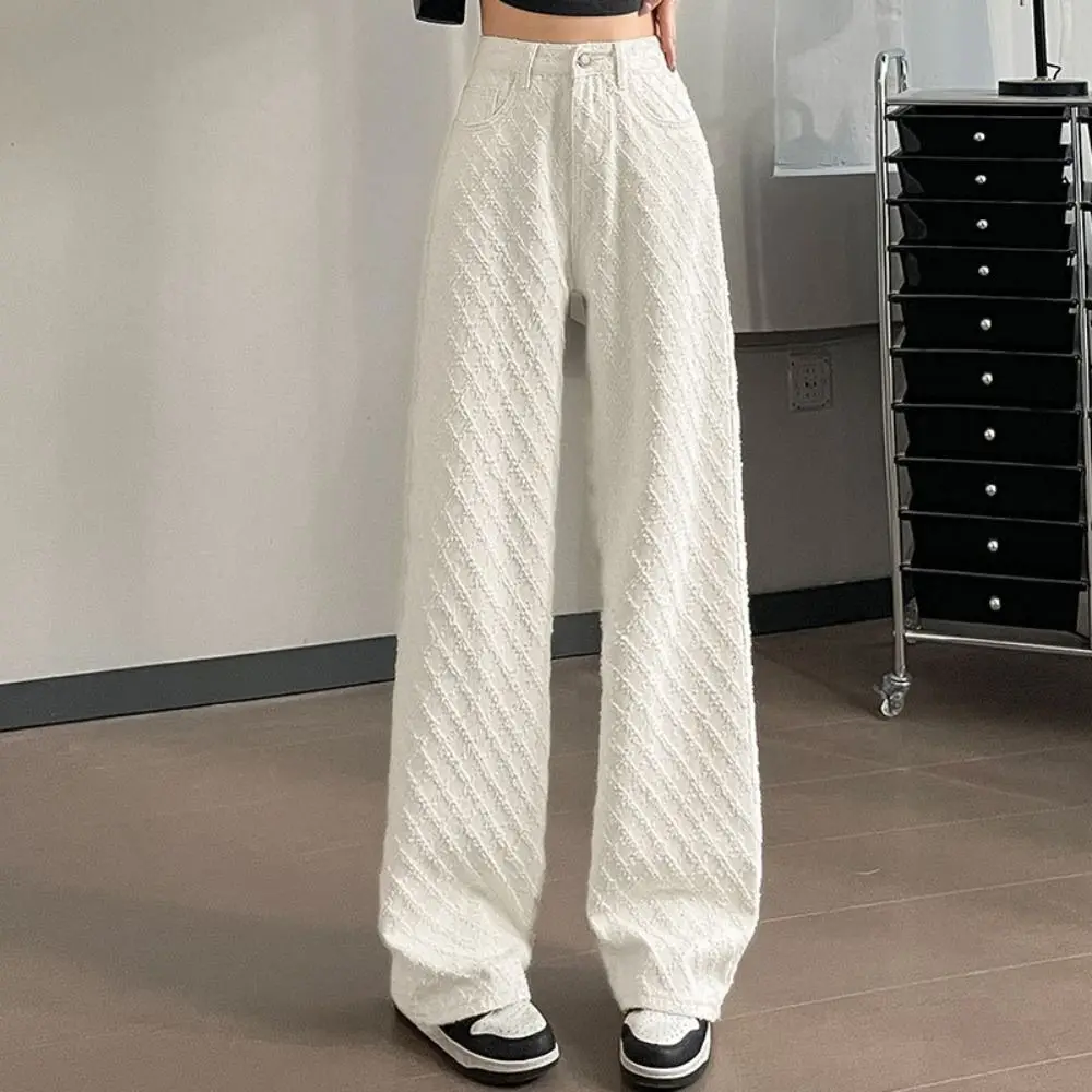 Simple Grid Denim Jeans Straight Leg Baggy Cowboy Pants Casual Korean High Waist Pants Girls