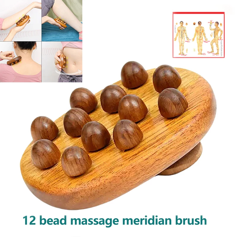 

12 Beads Handheld Gua Sha Massage Brush Natural Wood Waist Leg Meridian Scraping SPA Anti Cellulite Relaxation Tool