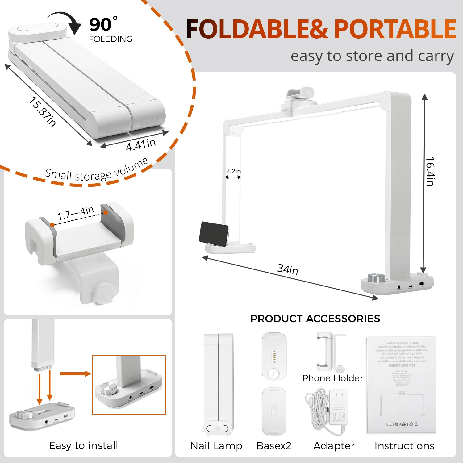 네일 속눈썹 연장을위한 하프 문 LED 램프 문신 접이식 디밍 따뜻한/흰색 독서 뷰티 데스크 램프 (전화 클립 포함)