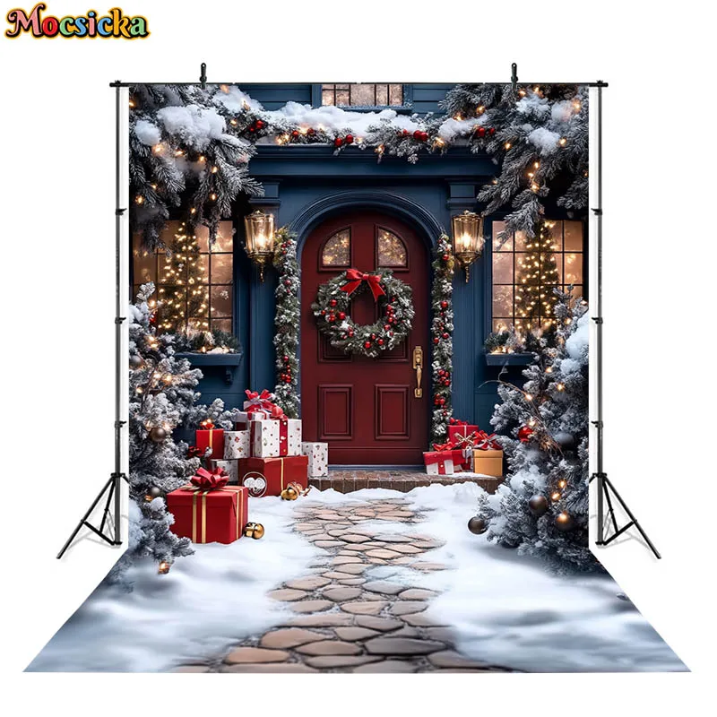 Mocsicka Christmas Background Photography Door Wreath Gifts Snow Xmas Tree Decor Kids Baby Photo Backdrop Shooting Props Studio