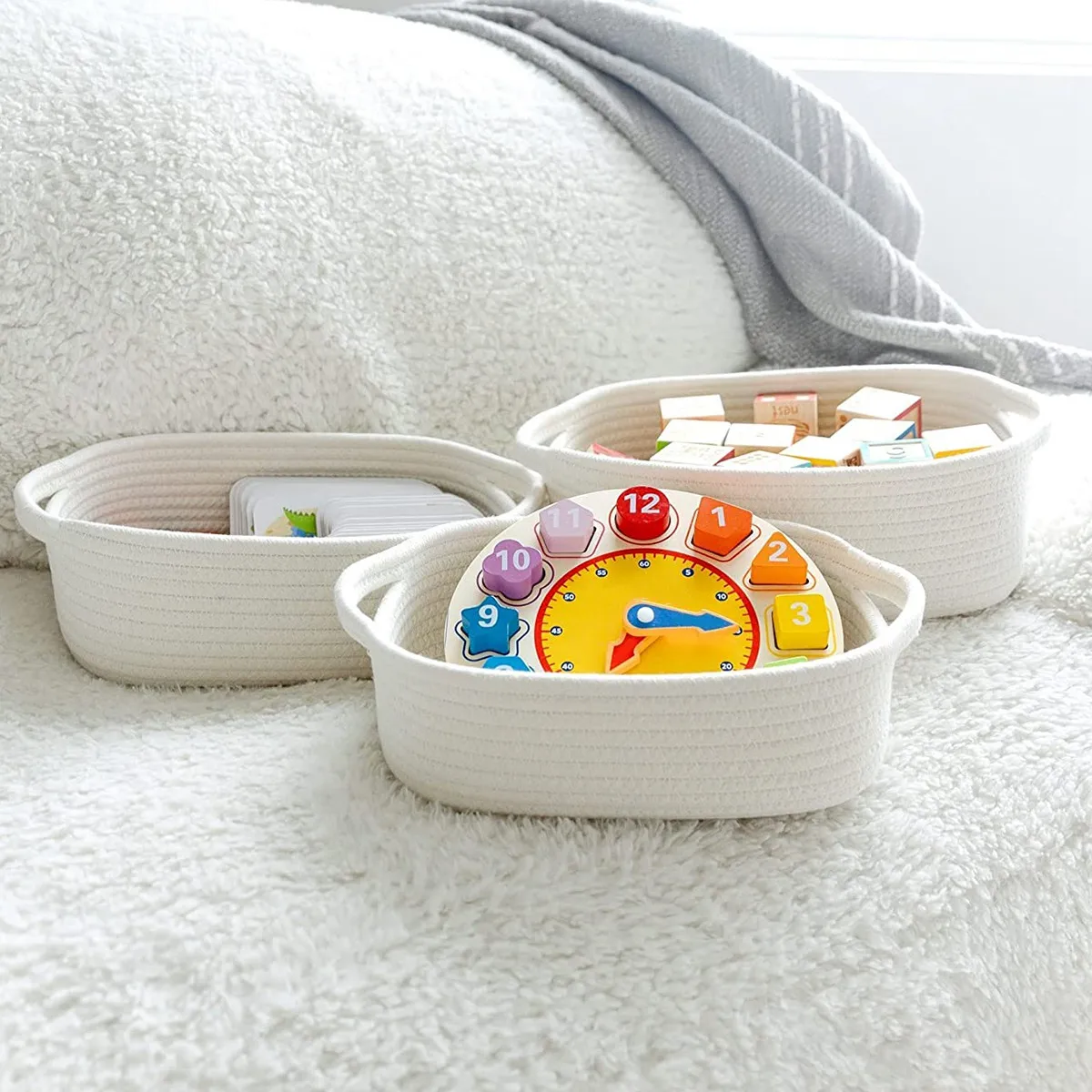 5-Piece Rectangle Storage Basket Set Cotton Rope Woven Baskets for Organizing ,Baby Nursery, Dog Toy Baskets White