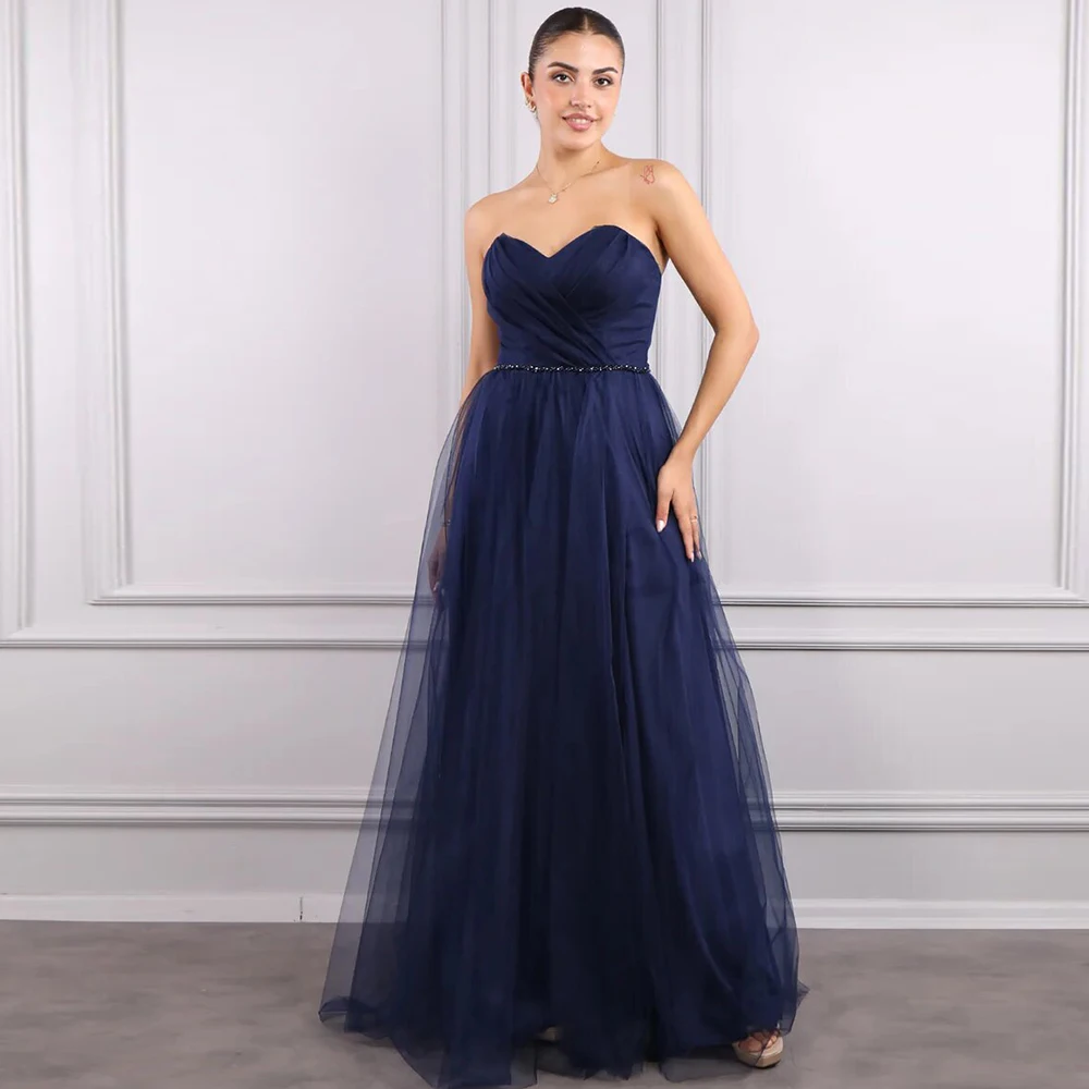 

Anniversary Ball Gowns A-line Net Formal Evening Gown Sweetheart Navy Blue Pleat Ruched Rhinestone/Crystals Prom Dress Maxi 2024