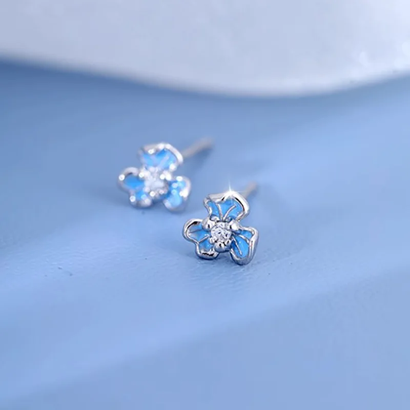Mini Sweet Exquisite Sterling Silver Blue Irises Stud Earrings for Women Girls Charm Flower Jewelry Accessories Birthday Present