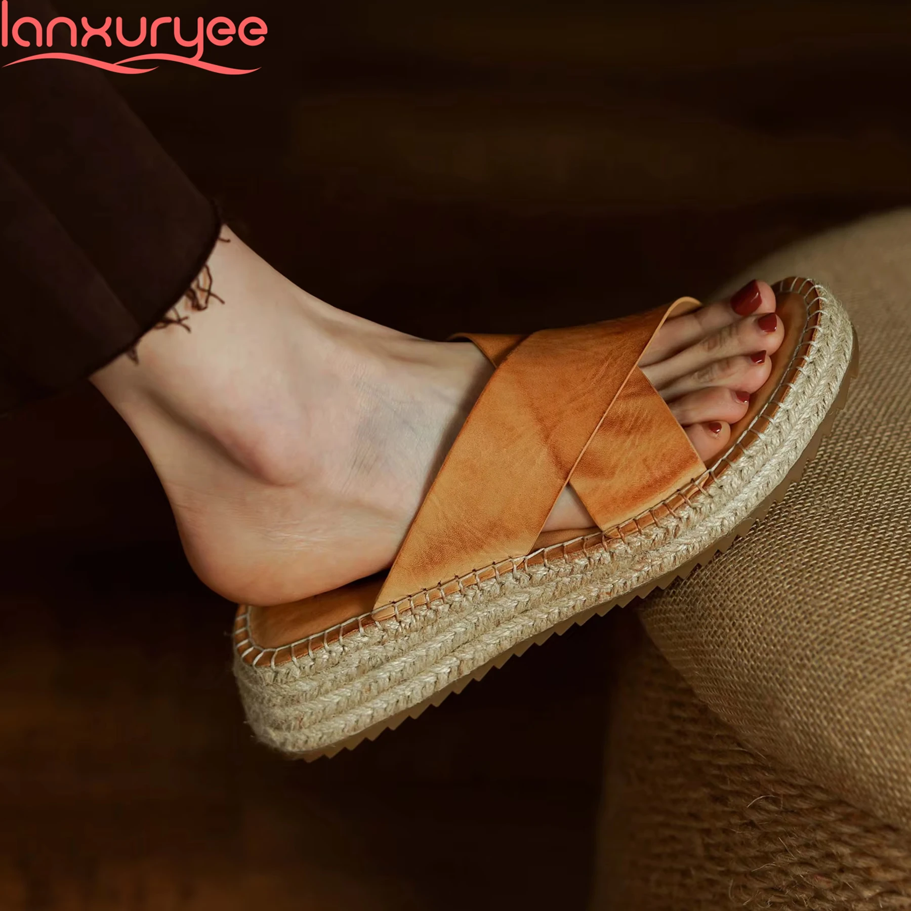 

Lanxuryee Cow Leather Peep Toe High Heels Slingback Summer Shoes Slip On Casual Mules Straw Platform Slides Brand Women Sandals