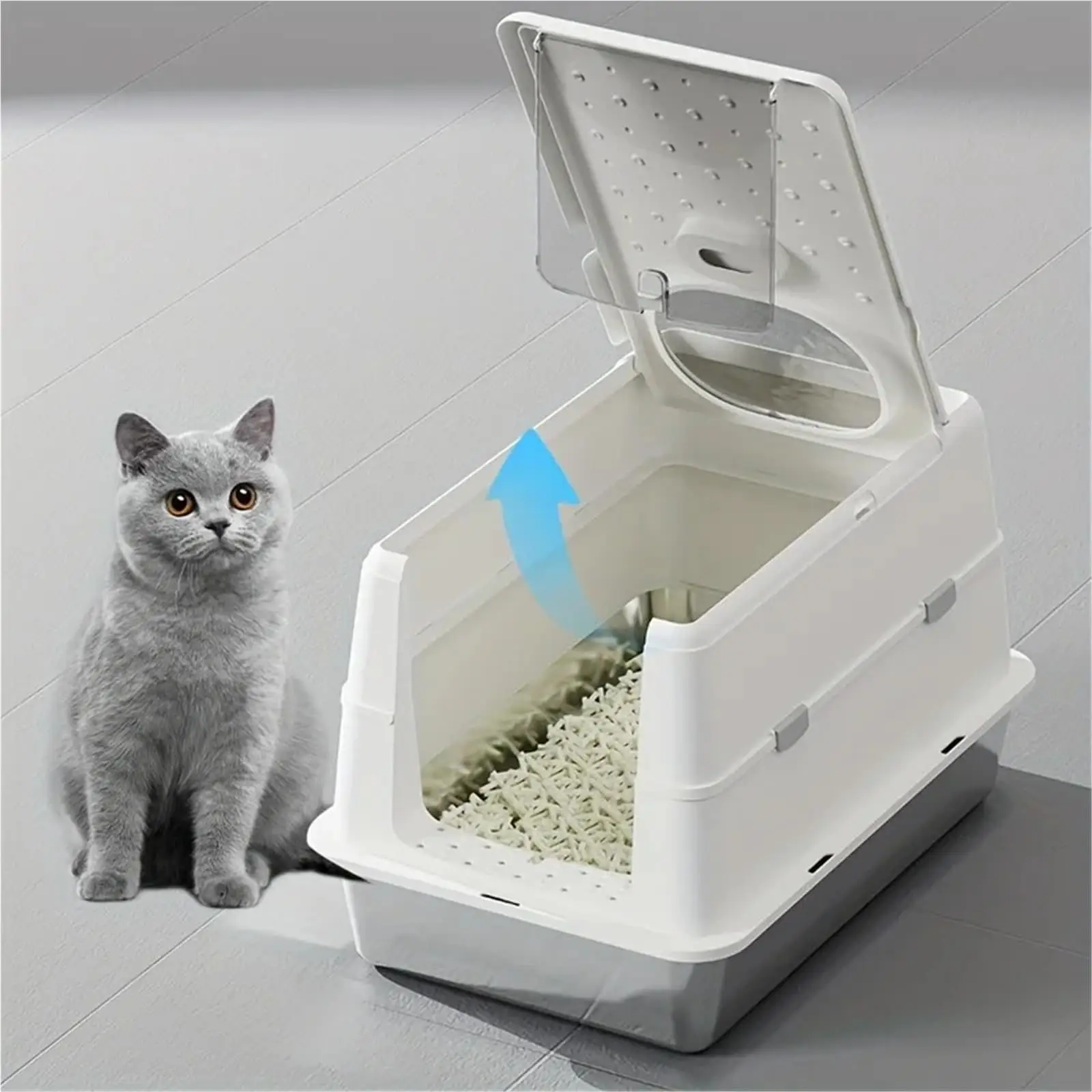 Extra-Large XXL Enclosed Cat Litter Box for Cats, Stainless Steel, with Lid and Scoop Non-Stick, Leak-Proof, Odorless Easy Clean view 2
