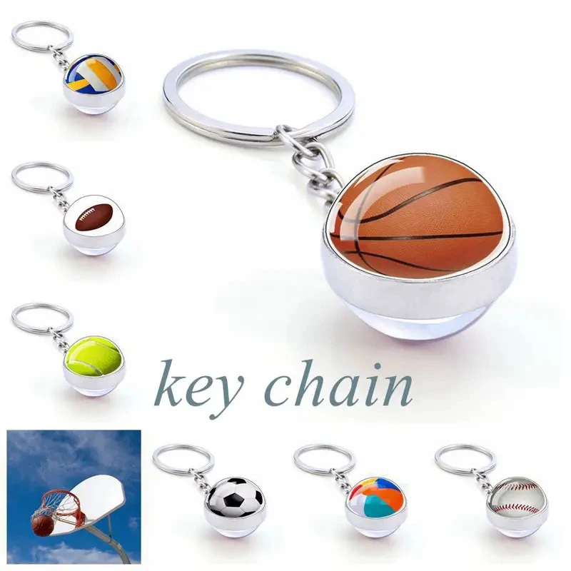Sports Football Glass Ball Pendant Keychain For Women Men Tennis Basketball Volleyball Billiard Charms Keyrings Accessories Gift