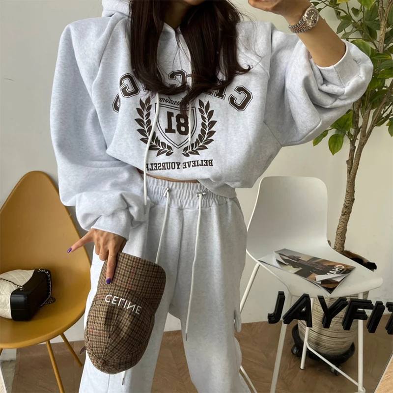 South korea Chic Winter  Age-Reducing Hood Print Hoodie + High Waist Slimming Versatile Wide Leg Casual Pants Set