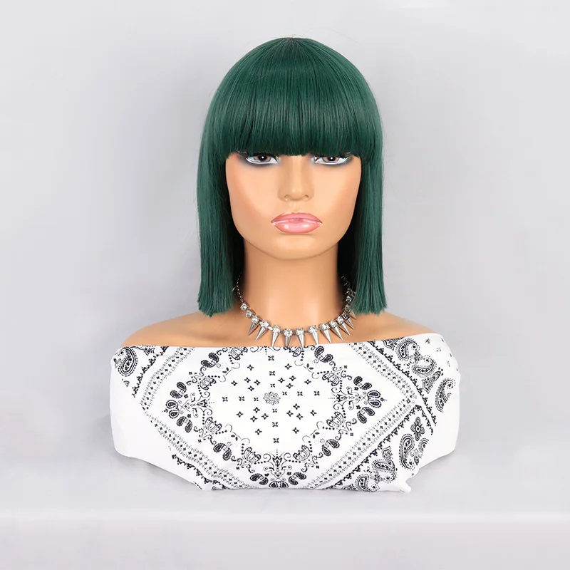 Green Short Hair Wig With Bangs Straight Synthetic Wig for Women Cosplay Natural Looking Daily Fake Hair Heat Resistant Fiber