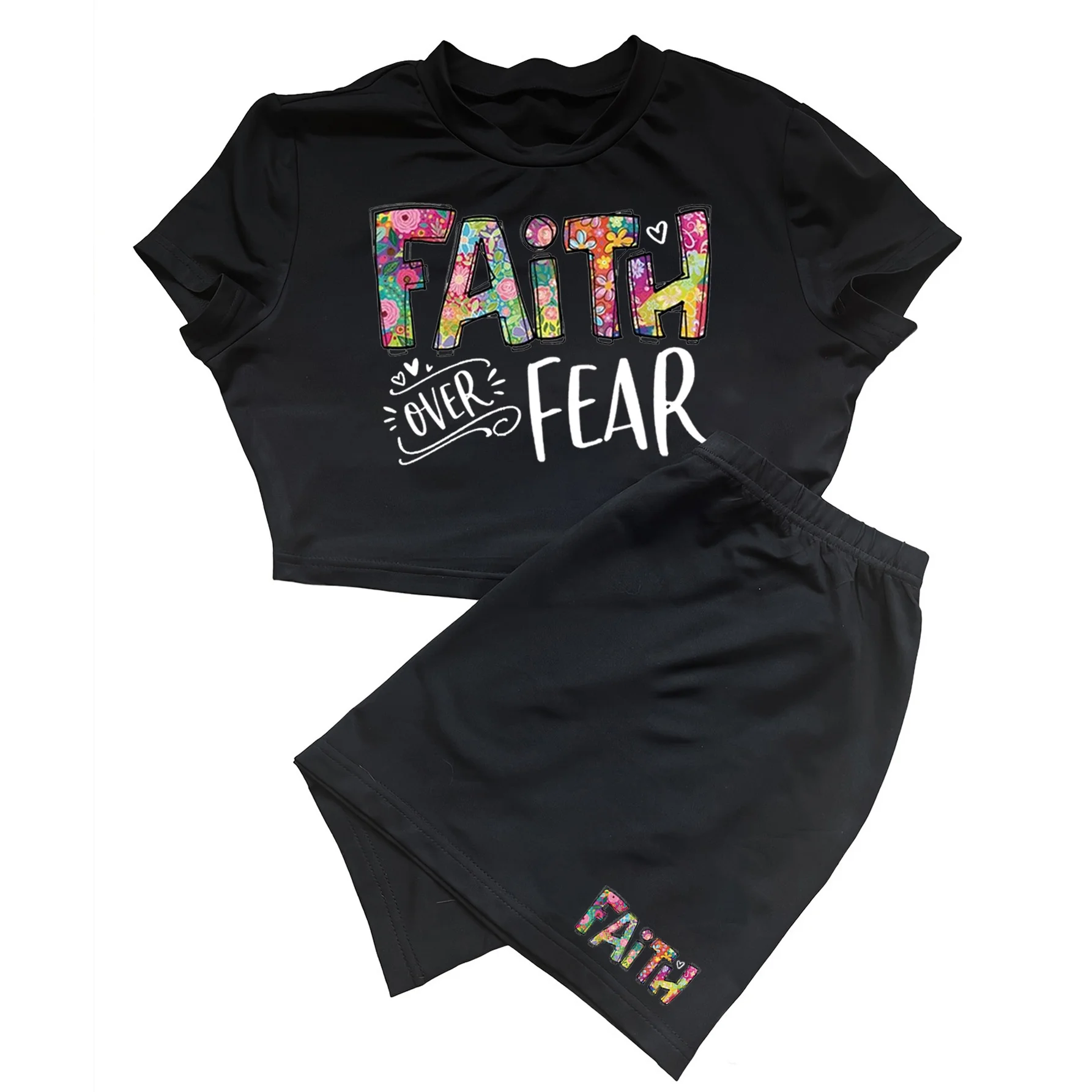 Faith Over Fear Christian Letter Print Two Piece Set, Short Sleeve Round Neck T-shirt & Skirts, Women's Clothing