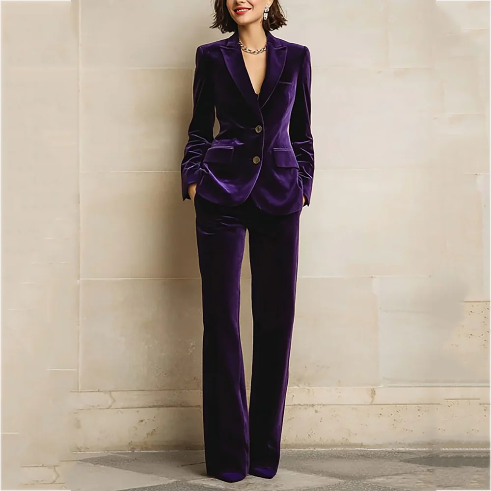 Purple Velvet Women Suit Two Pieces Classic Peaked Lapel Straight Outfit Single Breasted Tailored Elegant Lady Set Jacket Pants
