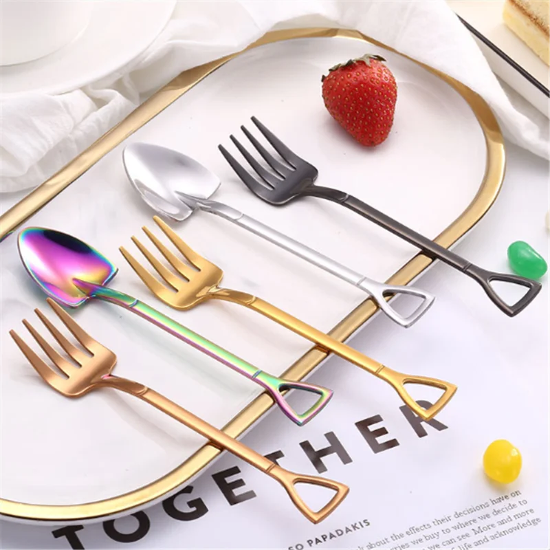 Colorful Stainless Steel Shovel-shaped Coffee Spoon Ice Cream Spoon Cake Dessert Fork Mini Fruit Cake Forks for Table Kitchen
