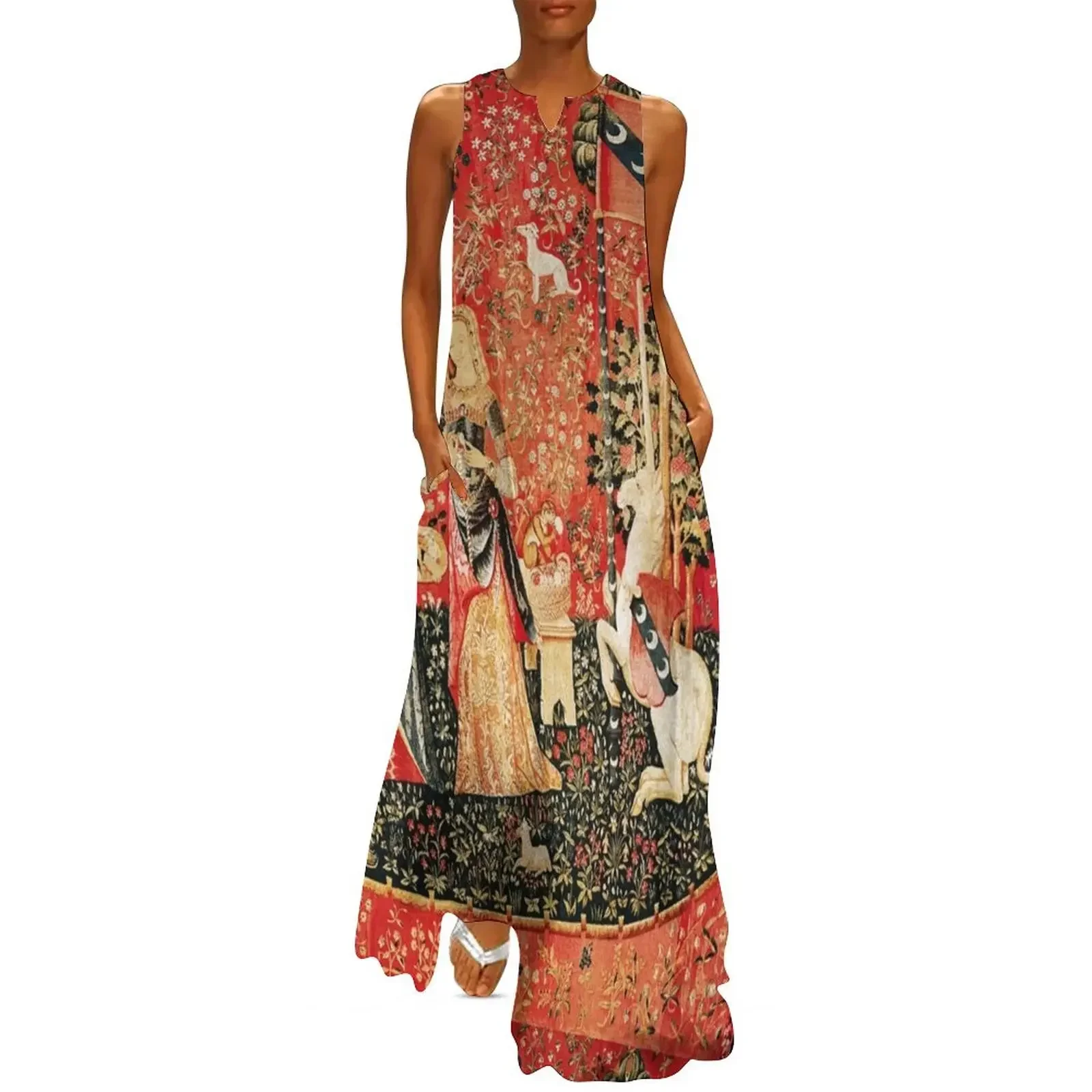

LADY AND UNICORN,SMELL,Lion,Fantasy Flowers,Animals Red Green Floral Tapestry Long Dress african dresses for woman Dress