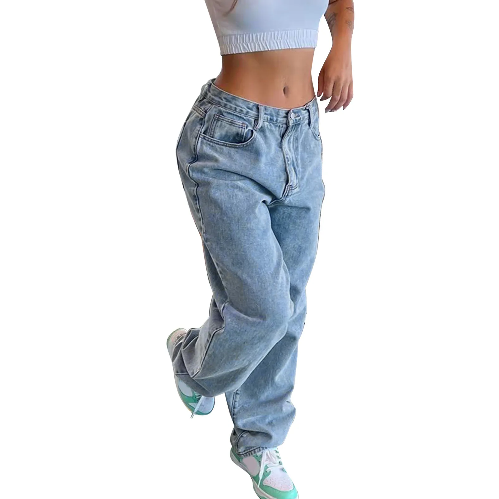 Ganzjährig vielseitige Baggy-Hosen Jeans Damenmode y2k Jeans hose mit niedriger Taille Streetwear lässig gewaschene Jeans mit Taschen